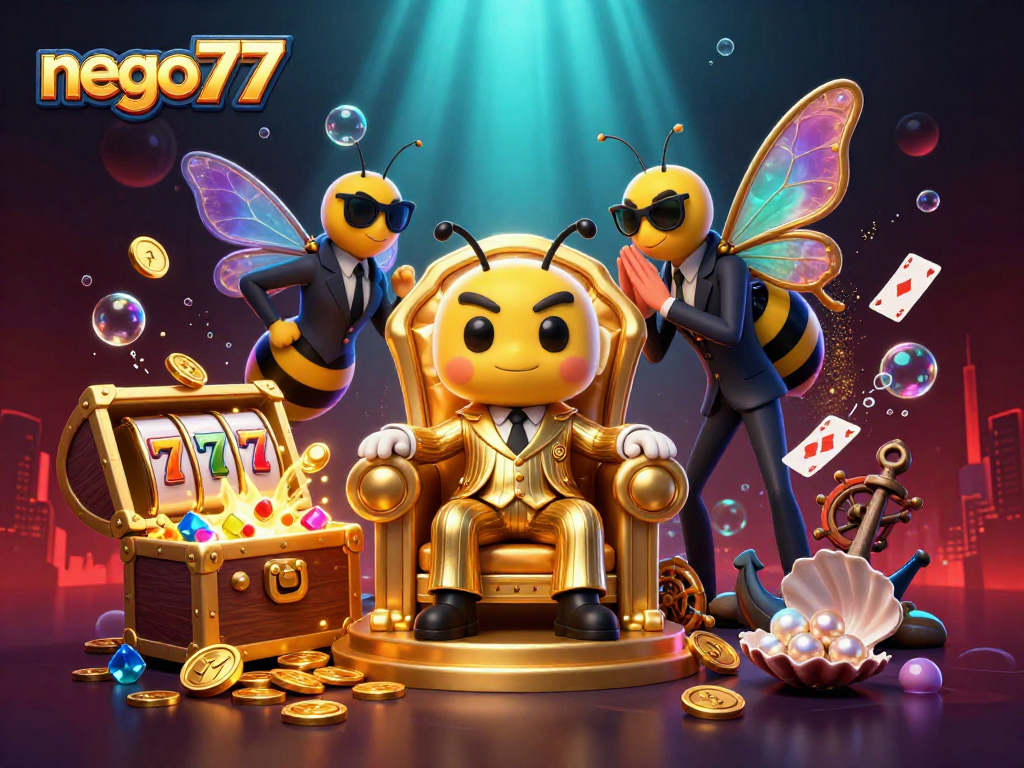 Experience high-stakes gaming excitement with nego77's vibrant 3D casino illustration of a mob boss surrounded by treasure.