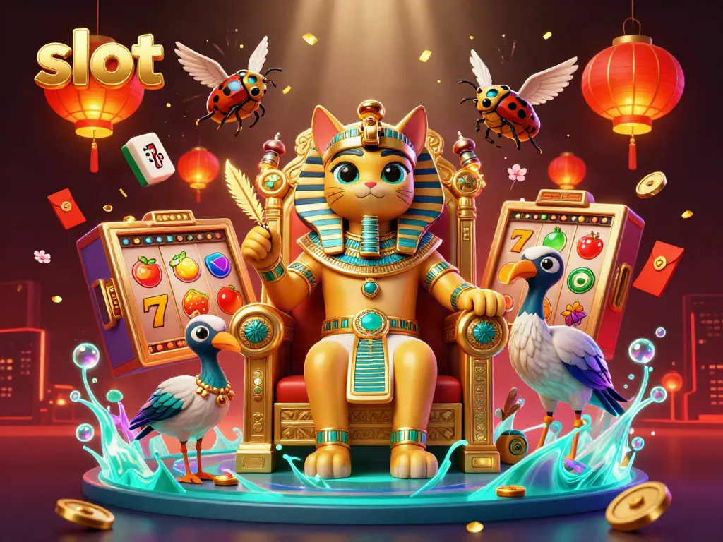 Engage with thrilling slot games in a vibrant 3D casino scene featuring lucky symbols and animated elements.