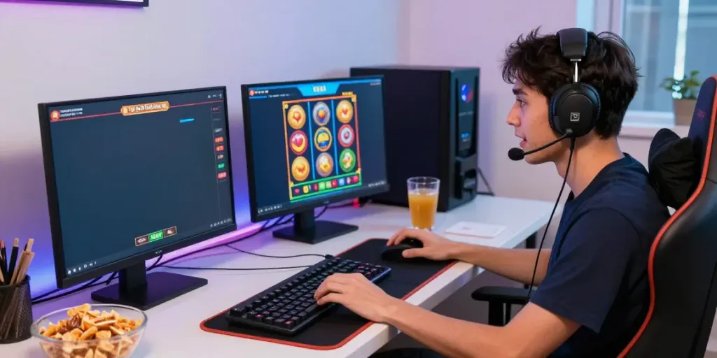 Player enjoying link slot games on multiple screens in a modern gaming setup.
