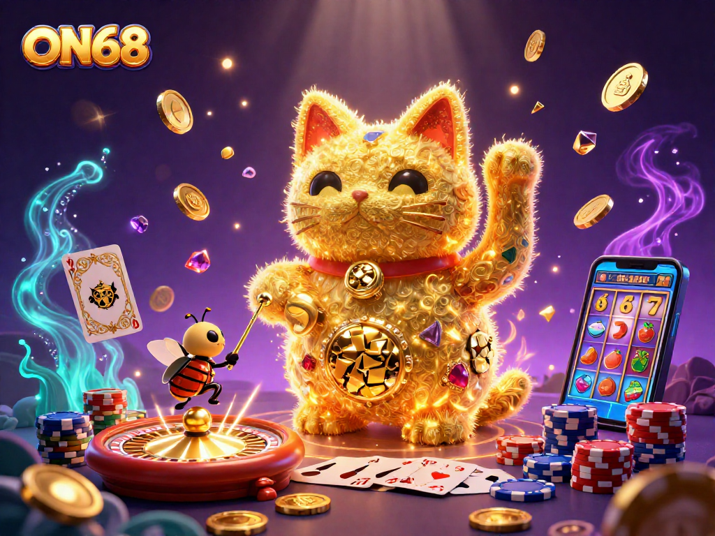 Experience the thrilling gameplay at ON68 with a vibrant digital illustration of a lucky cat surrounded by dynamic casino elements.