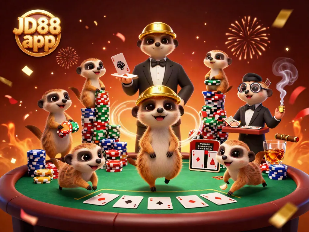 Meerkats enjoying the JD88 app gaming experience at a vibrant online casino