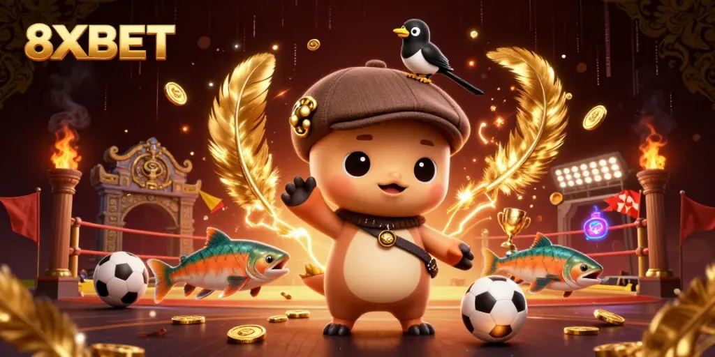 Experience the thrill of betting at 8XBET with playful characters and rich casino elements.