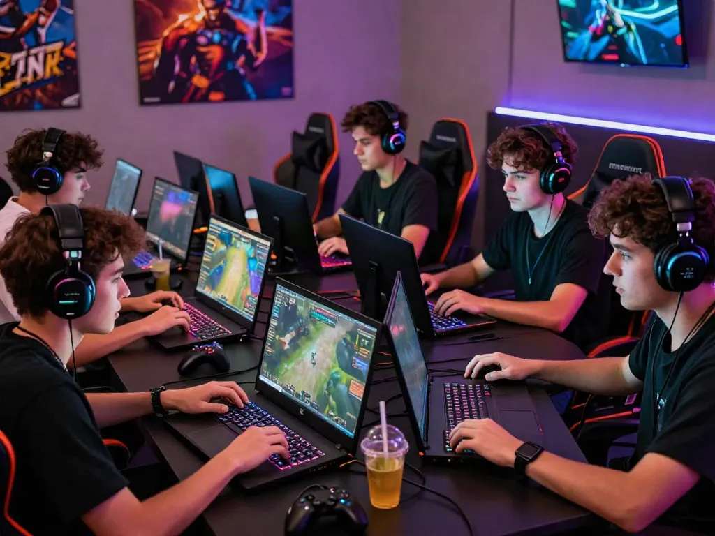 Players in an akunjp gaming lounge intensely focused on competitive gameplay.