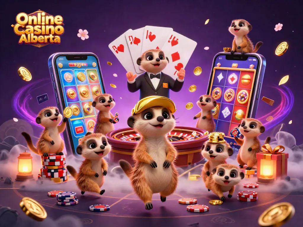 Join the excitement at Online Casino Alberta with a vibrant meerkat casino scene featuring fun gaming elements!