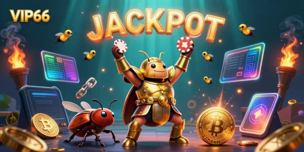 VIP66 celebrates a huge jackpot with a glowing 3D illustration featuring a golden beetle and vibrant casino elements.