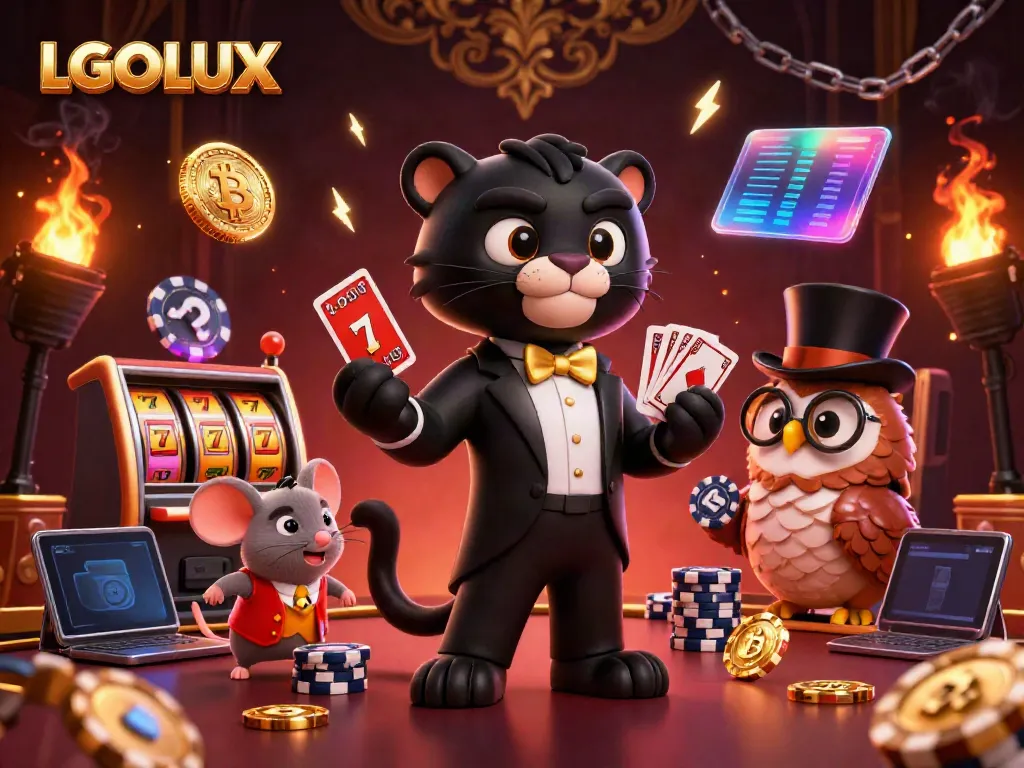 LGOLUX celebrates wins with a stylish casino scene featuring a tuxedoed panther, poker owl, and lucky mouse.