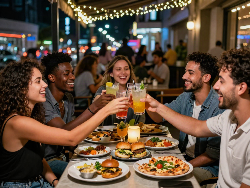 Friends enjoying hargatoto-themed dishes in a vibrant urban dining scene.
