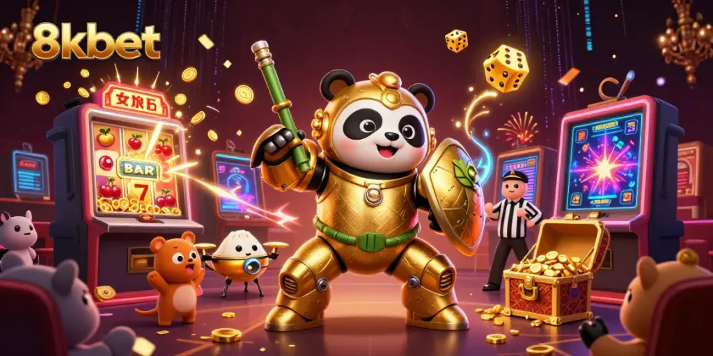 Experience thrilling action at 8xbet with a dynamic 3D scene showcasing casino fun and festive excitement.