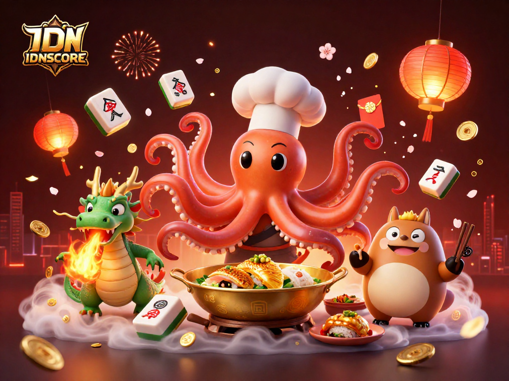 Experience thrilling slots with IDNSCORE in an artwork featuring vibrant casino elements and characters.