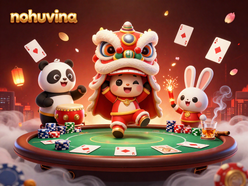 Nohuvina showcases a lively 3D scene with festive characters performing a lion dance around poker elements.