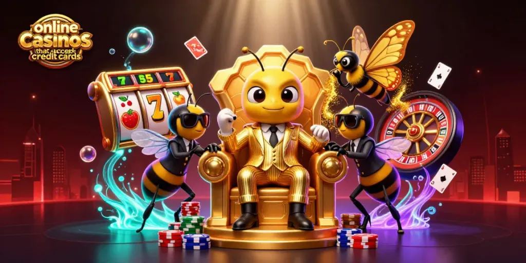 Experience thrilling gameplay at online casinos that accept credit cards, featuring a vibrant 3D casino scene.
