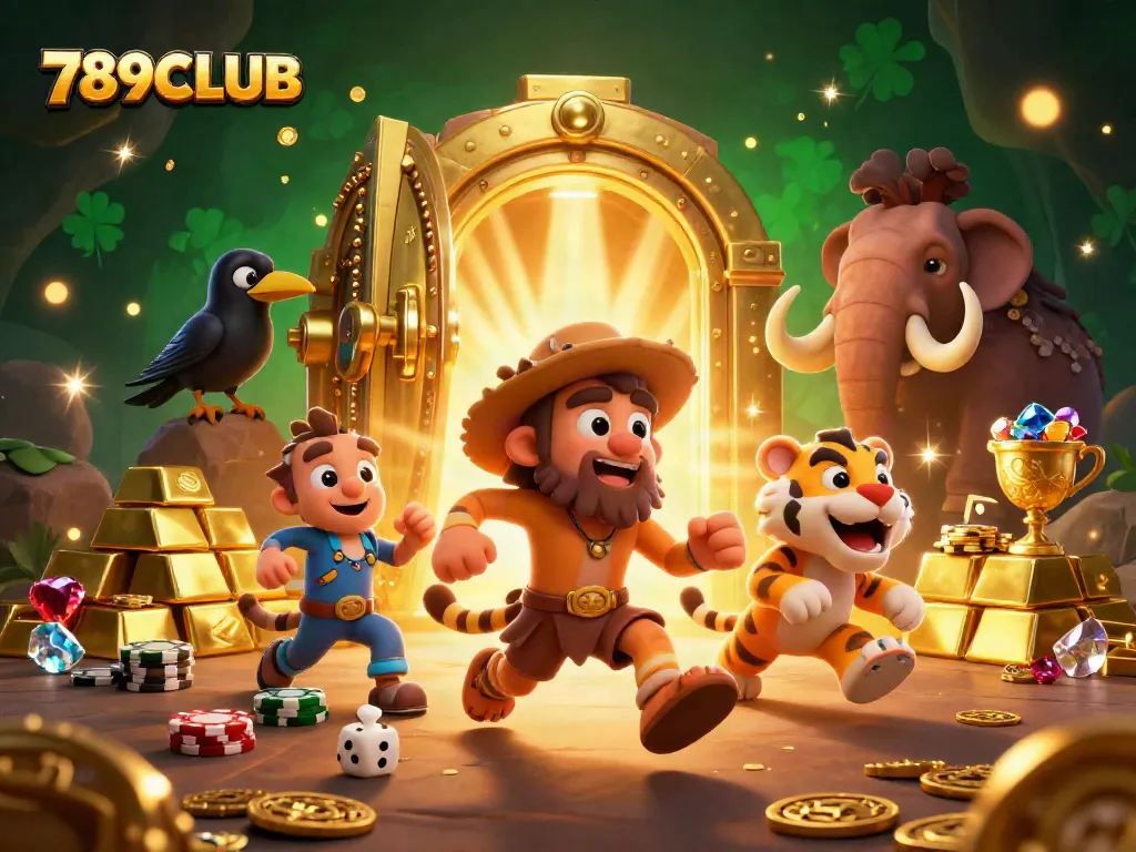 Engage with the vibrant 789CLUB prehistoric casino, featuring dynamic cartoon characters and a treasure-filled atmosphere.