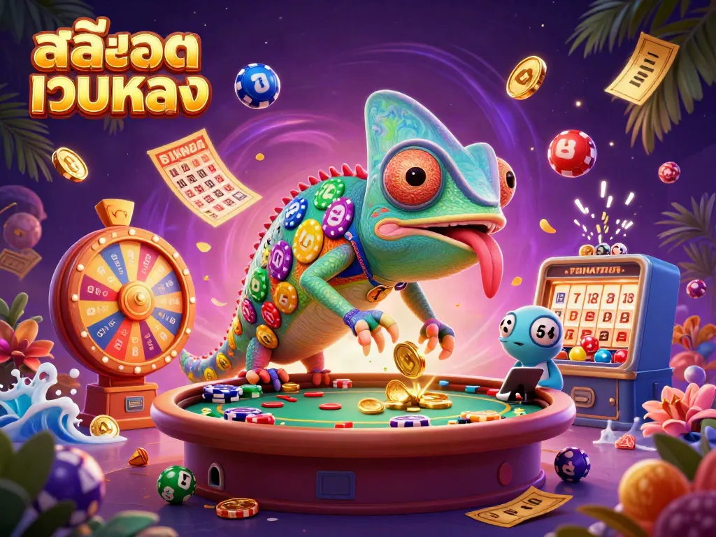 ภาพวาด 3D การ์ตูนที่มีเจ้าของคาสิโนจิ้งจกยักษ์ควบคุมการเล่นเกม สล็อตเว็บตรง สนุกสนาน