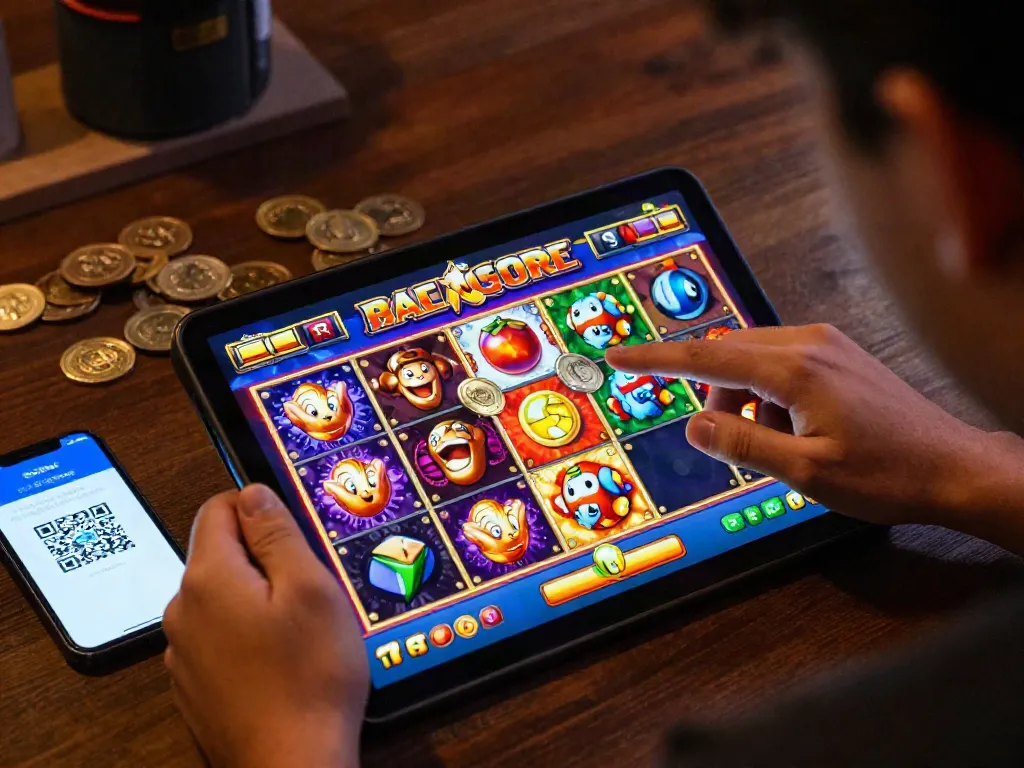 Player enjoying slot gacor on a tablet with animated graphics and QRIS payment interface.