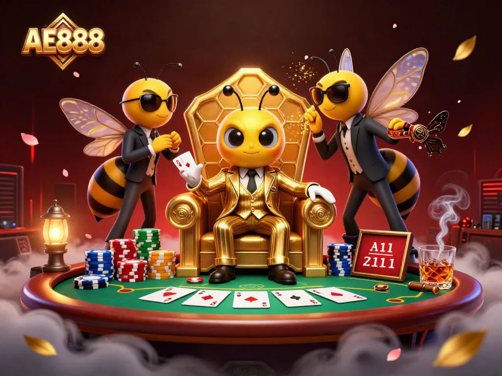 Engage with AE888's vibrant casino world alongside a cartoon bumblebee mob boss, poker elements, and rich atmospherics.