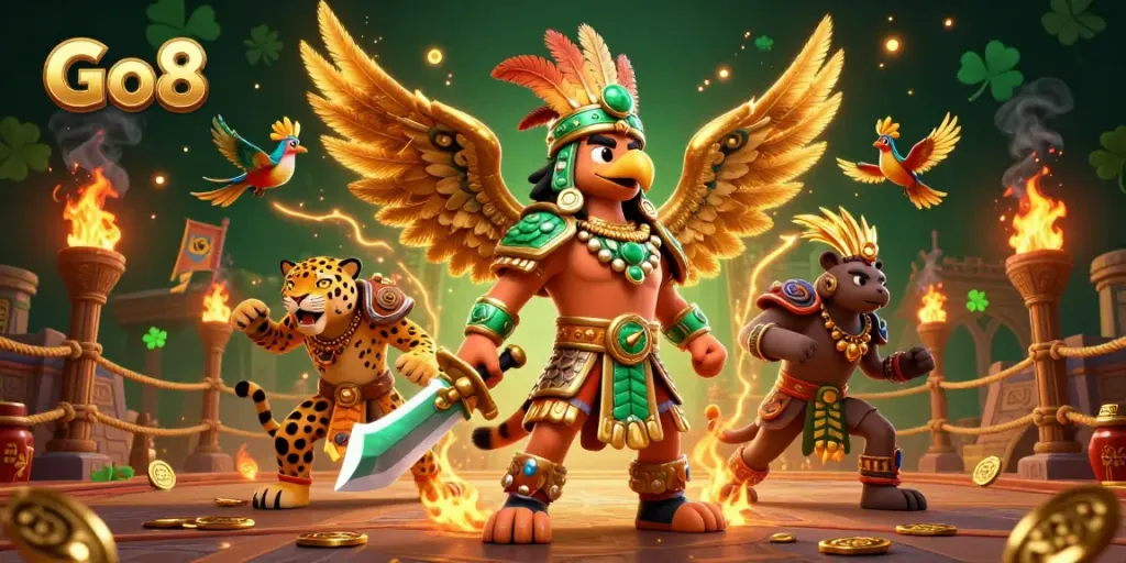 Engage with Go8's dynamic gambling illustration featuring casino elements and Aztec warriors.