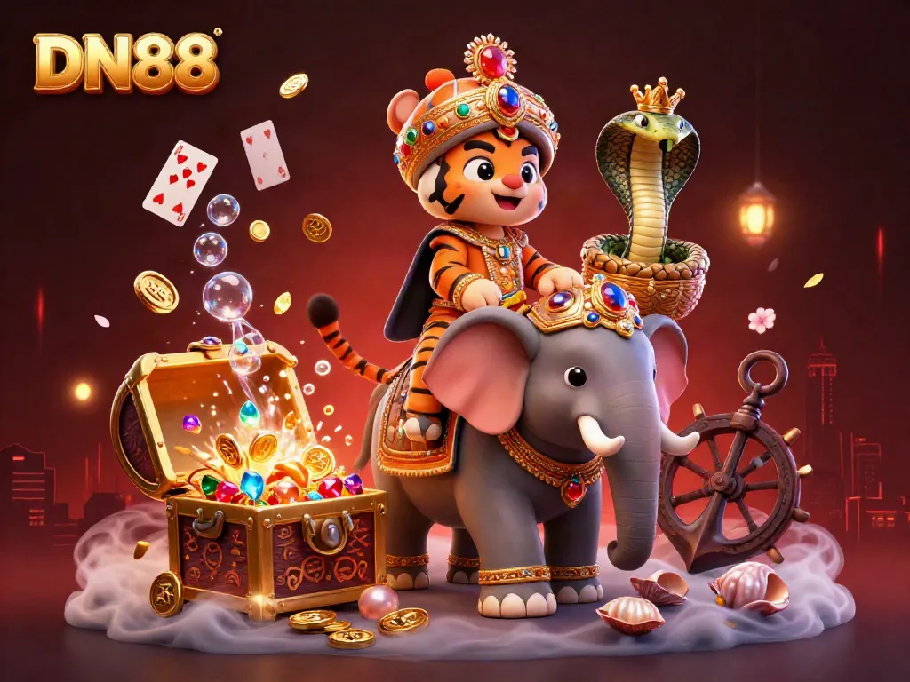 Engage in thrilling gameplay at DN88 with a detailed cartoon scene featuring a maharaja tiger and his elephant.