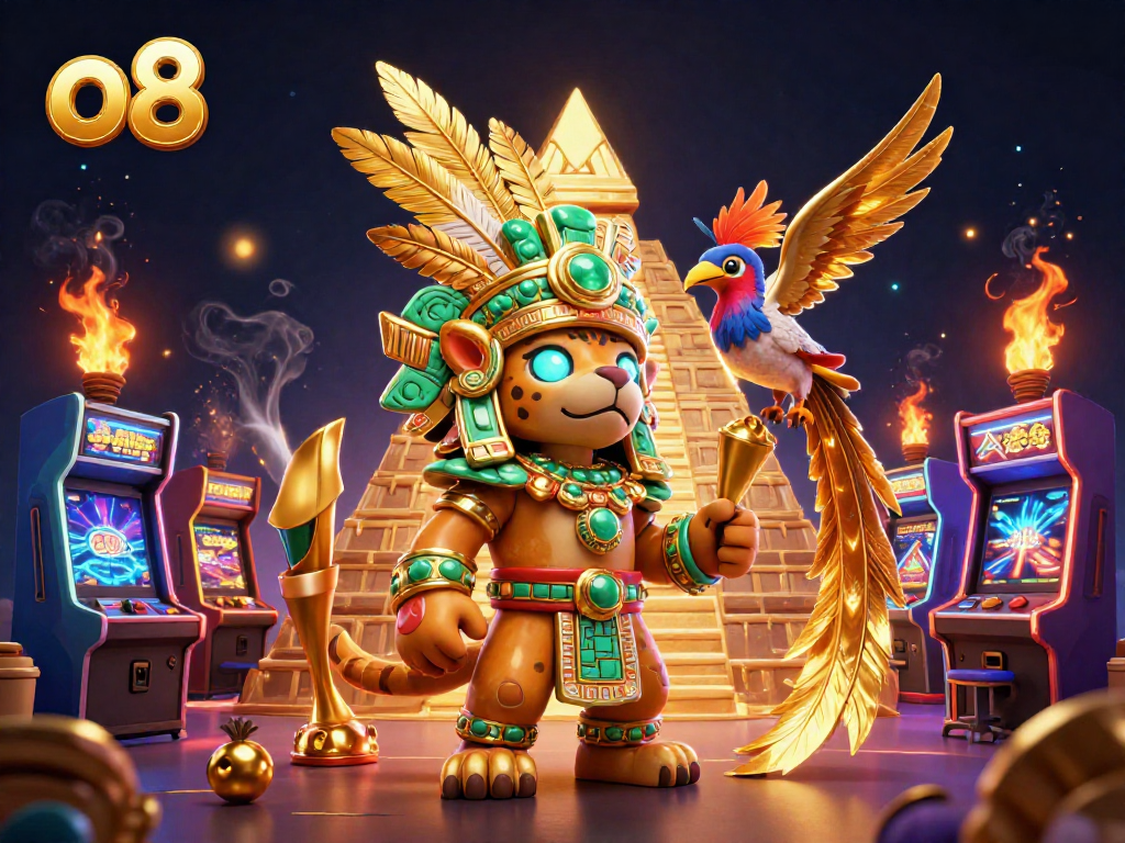 Experience the thrills at o8 with a vibrant 3D illustration showcasing a Mayan jaguar priest and colorful casino elements.