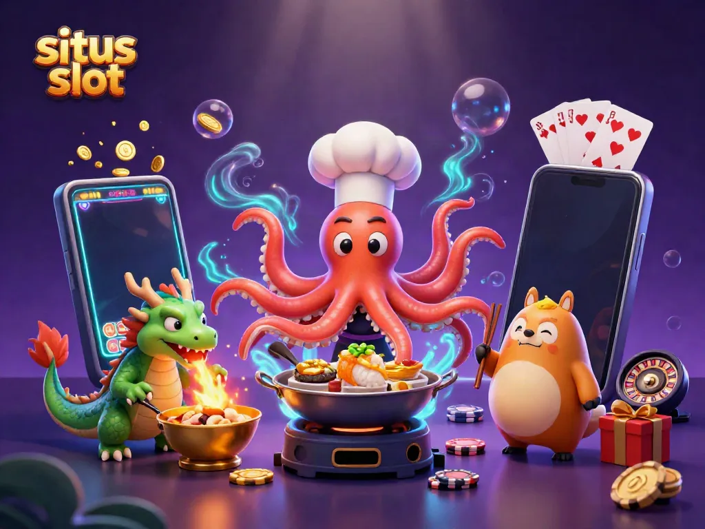 Menggandengkan situs slot, hidangan emas disiapkan oleh akhir pekan kartun dan naga hijau, di latar belakang kasino yang menawan.