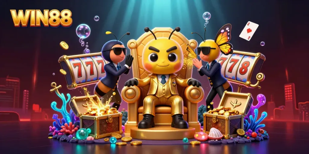 Experience the excitement of WIN88 with a vibrant casino illustration featuring a bumblebee mob boss.