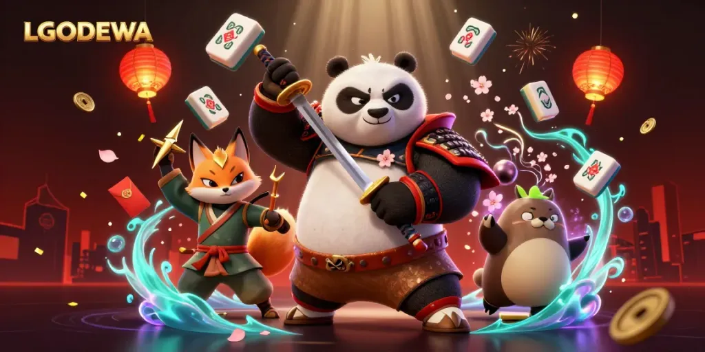 Engage in gaming adventures with LGODEWA’s vibrant 3D illustration showcasing samurai panda and treasures.
