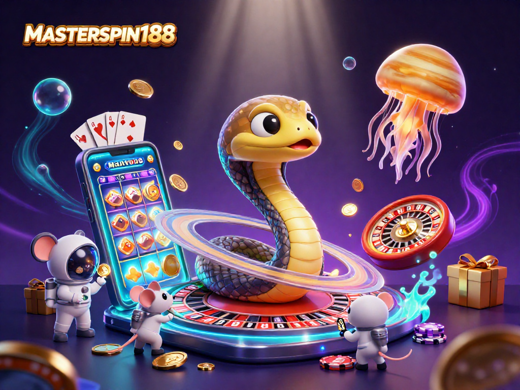 Experience MASTERSPIN188 with animated astronaut mice betting on a cosmic roulette wheel scene.