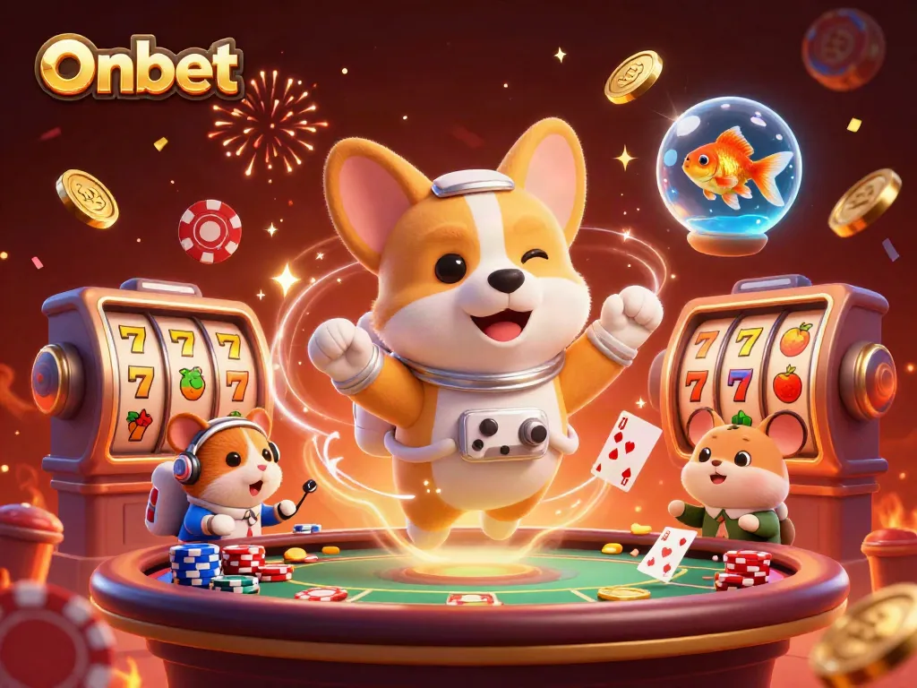 Experience thrilling gameplay as Onbet showcases a vibrant casino scene with cartoon characters and lucky symbols.