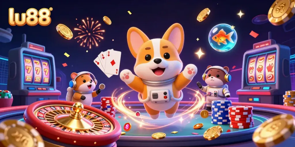Experience Lu88's thrilling gaming atmosphere with an astronaut corgi and stunning casino elements.