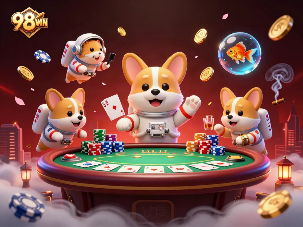 Experience the excitement of 98WIN with a playful astronaut corgi and vibrant casino elements in a dynamic scene.