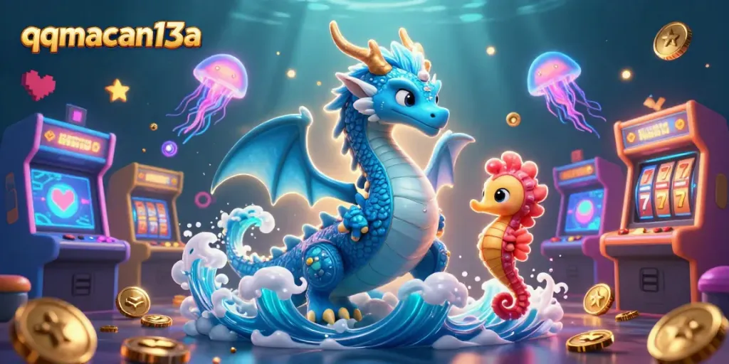 Spin the reels for a jackpot with qqmacan13a featuring vibrant 3D characters in a gaming ocean.