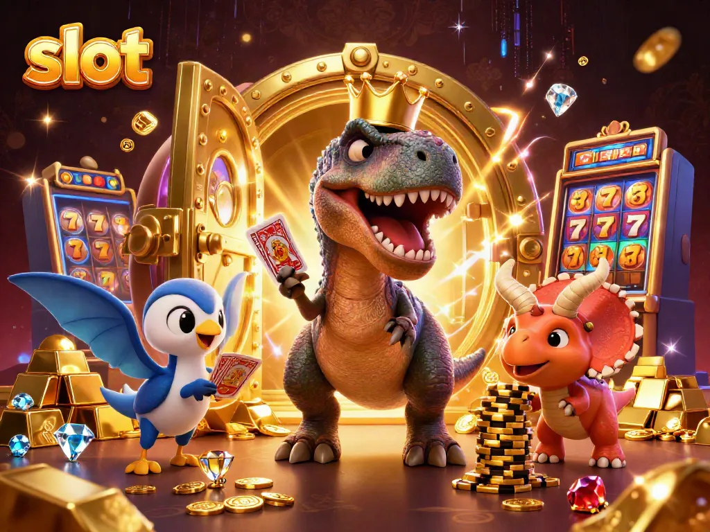 Slot menawarkan kegembiraan dengan simbol keberuntungan, mesin slot, dan karakter dinosaurus yang lucu.