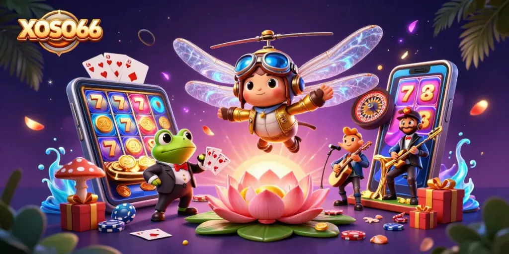 XOSO66 offers vibrant casino action with colorful slot games, card dealing by a frog croupier, and lively jazz.