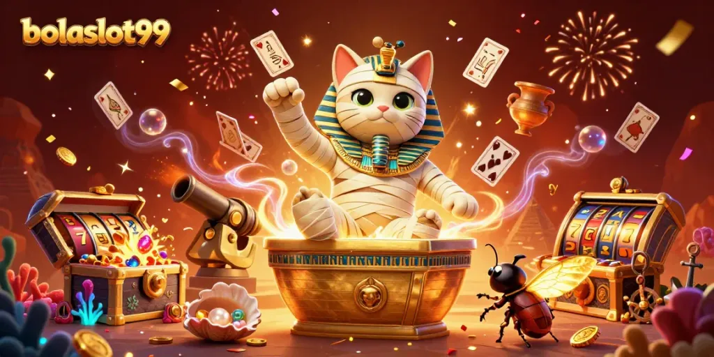 Experience thrilling wins with bolaslot99 featuring animated mummy cat, vibrant slot reels, and glowing treasures