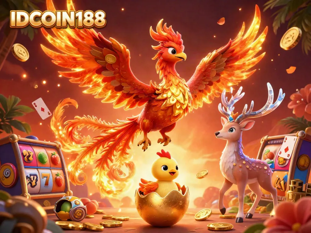 IDCOIN188 showcases dynamic gaming with a fire phoenix and slot elements in a vibrant casino scene.