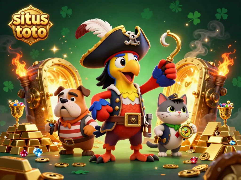 Experience the excitement of situs toto with vibrant characters and treasures in a rich casino-themed illustration.