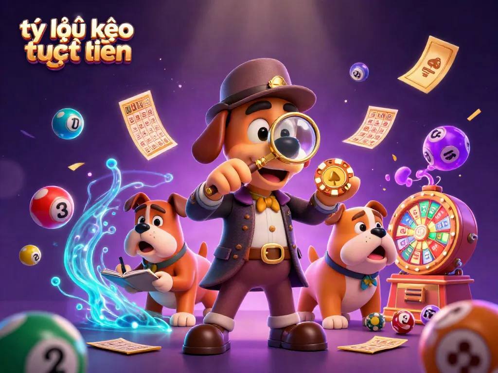 Bettors analyze tỷ lệ kèo trực tuyến with a detective and bulldog amidst casino elements, ensuring winning insights.