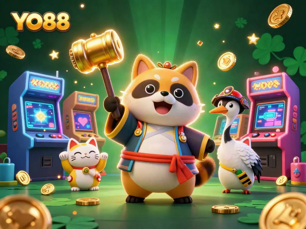 Experience the excitement with YO88 featuring a cheerful tanuki and colorful gaming elements.