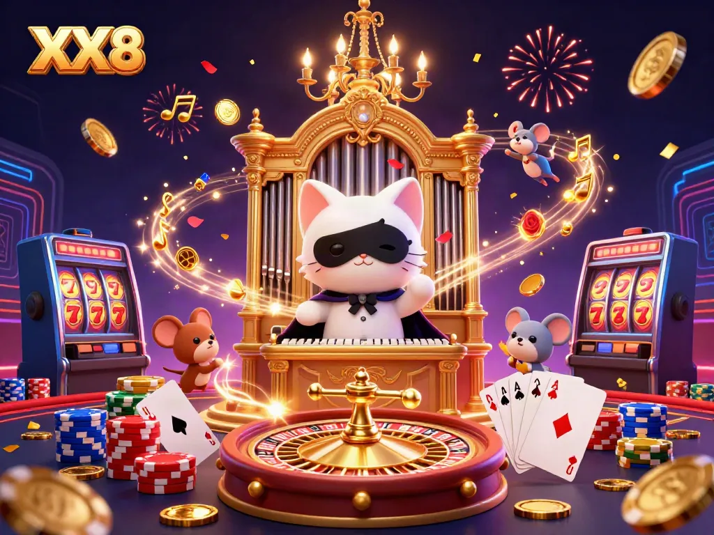Win big with XX8, featuring a vibrant casino scene with cat organist, gold coins, and festive details.