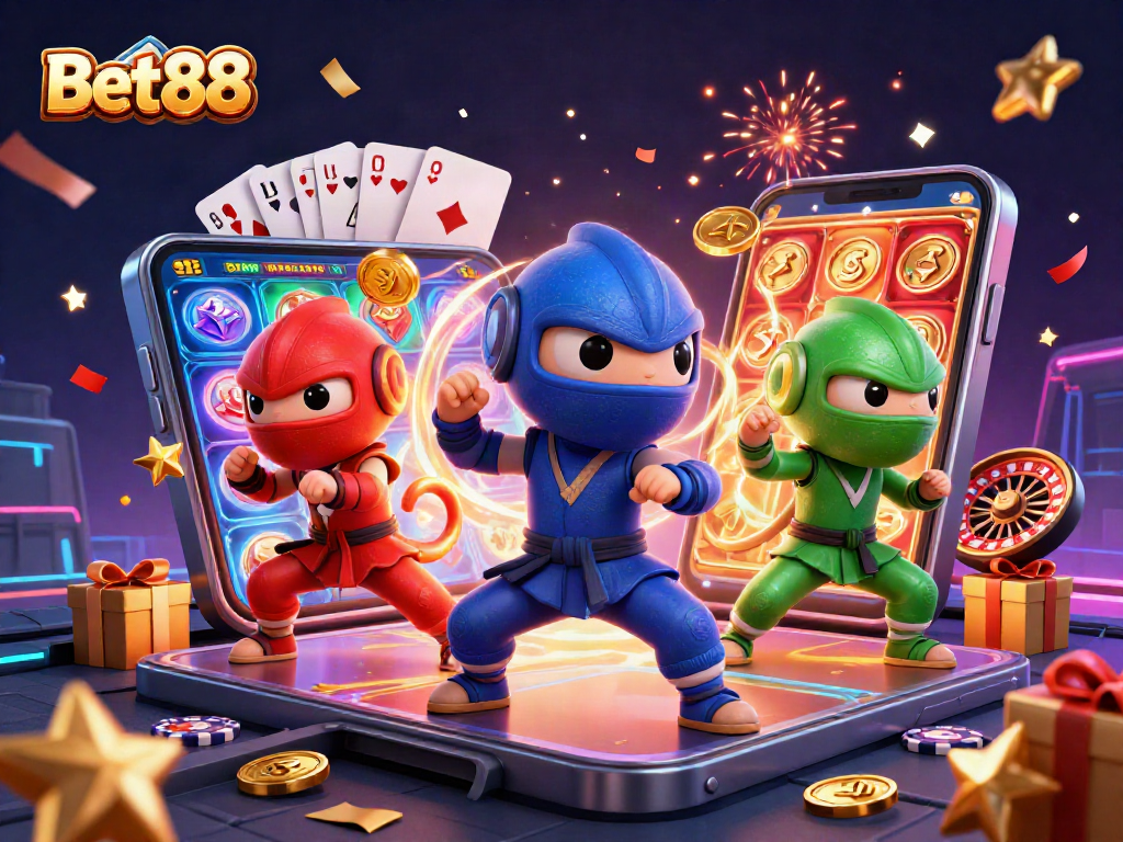 Bet88 engaging scene with ninja chameleons and casino elements sparking action