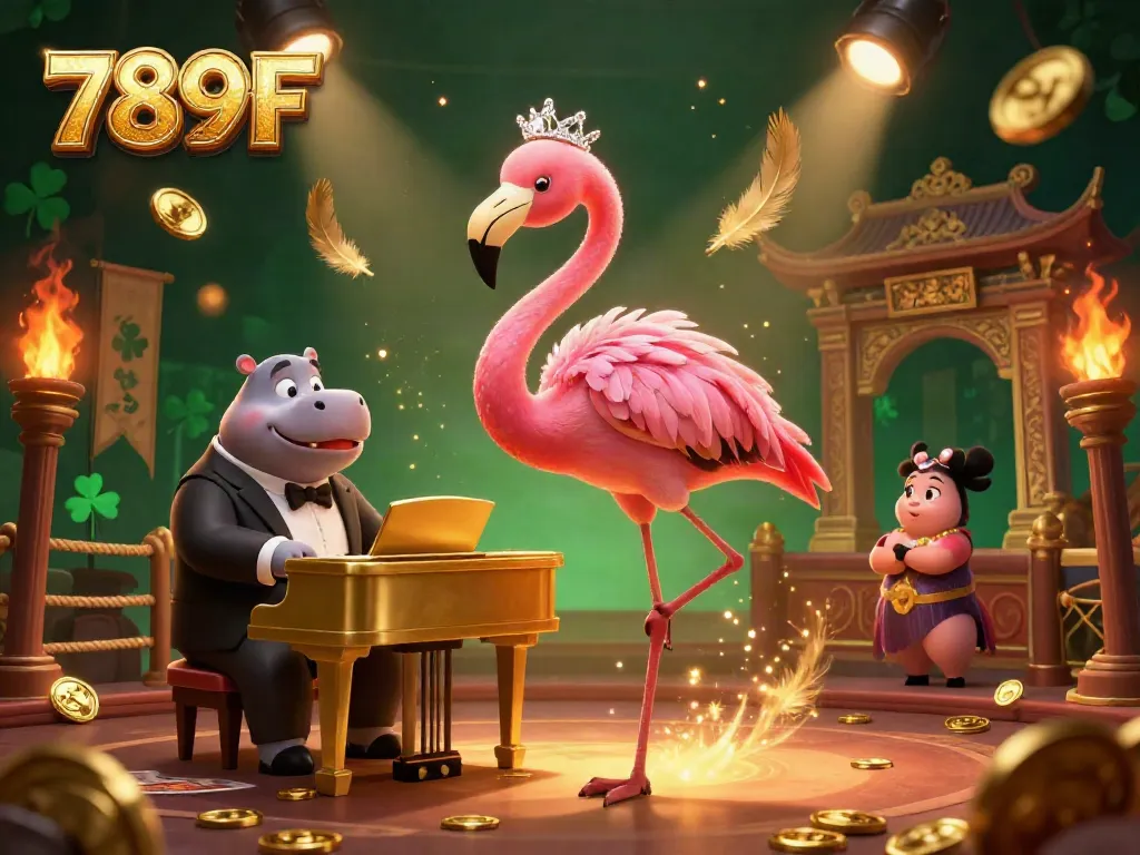 Enter the vibrant world of 789F, where a flamingo lounge singer and hippo bassist captivate gamers amidst golden casino excitement.