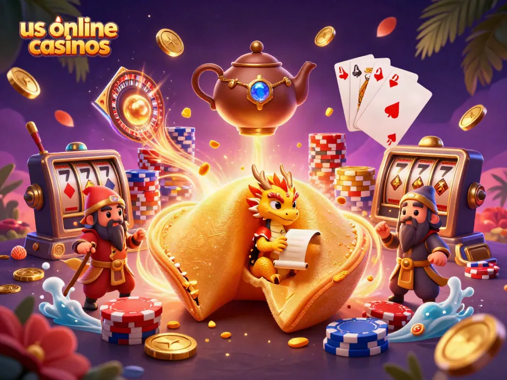 Engage with us online casinos in a vibrant scene featuring a golden fortune cookie and gaming elements.