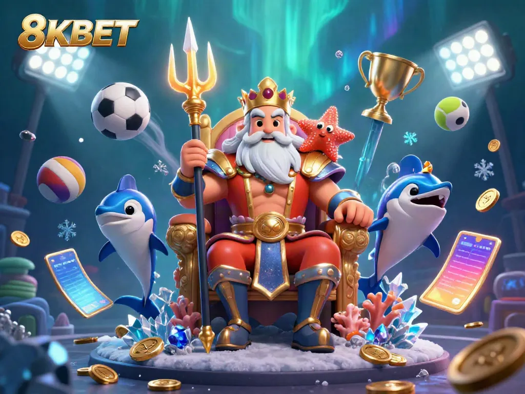 Experience 8KBET with Neptune and dynamic sports elements in a vibrant fantasy setting.