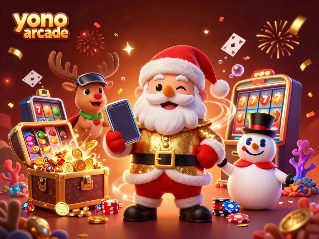 Join the fun in yono arcade with a 3D carnival scene featuring Santa, a reindeer dealer, and a poker chip snowman surrounded by casino excitement.