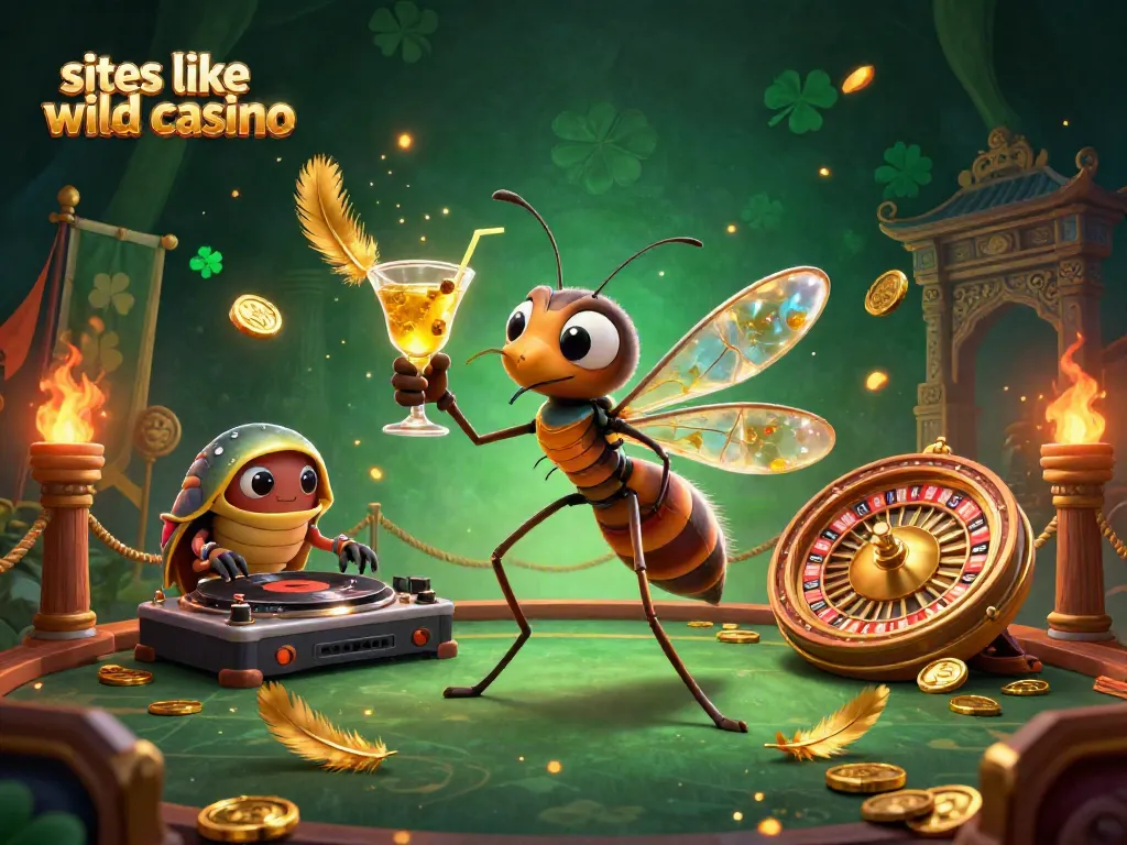 Spinning golden roulette wheel and casino mascot with cocktail illustrate sites like wild casino.