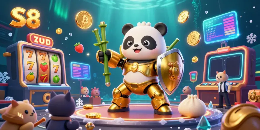 S8 brings thrilling casino excitement with vibrant slot machines and a golden panda robot in a colorful arena.