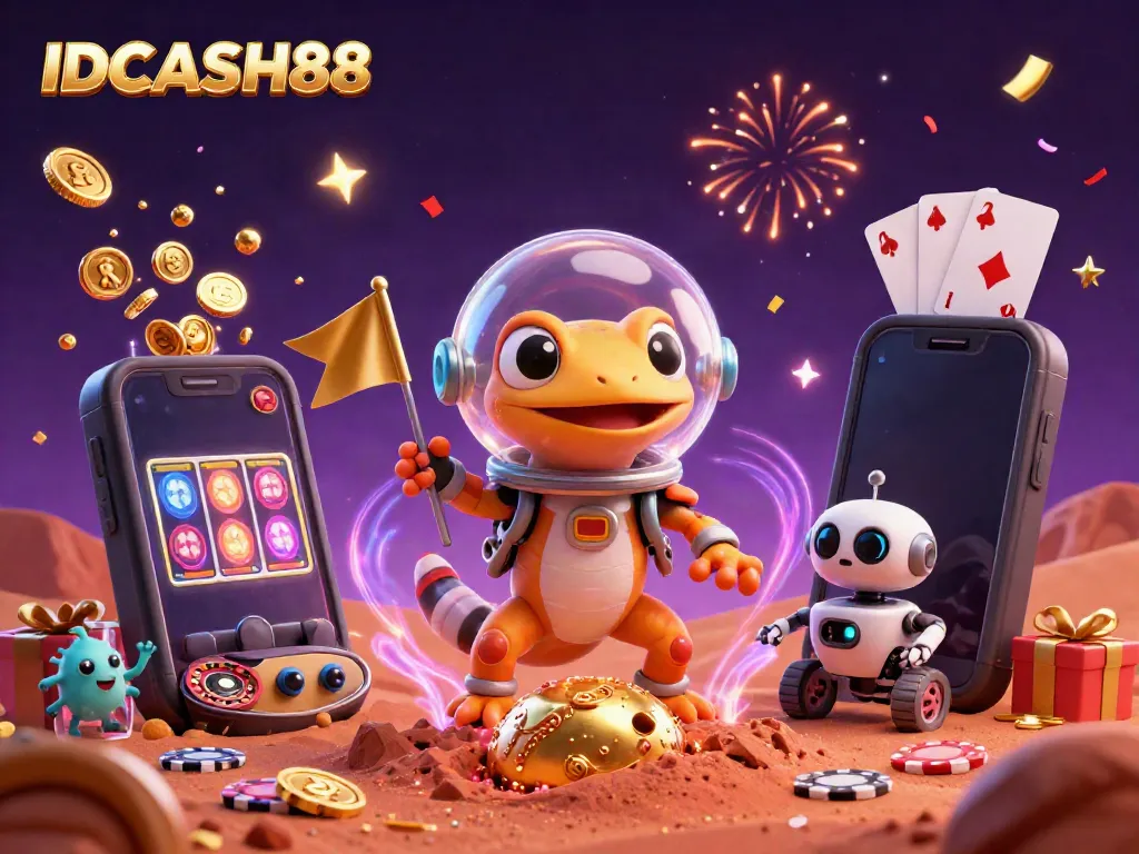 Engaging scene with IDCASH88 where a Martian gecko explores a golden casino in red Mars sand