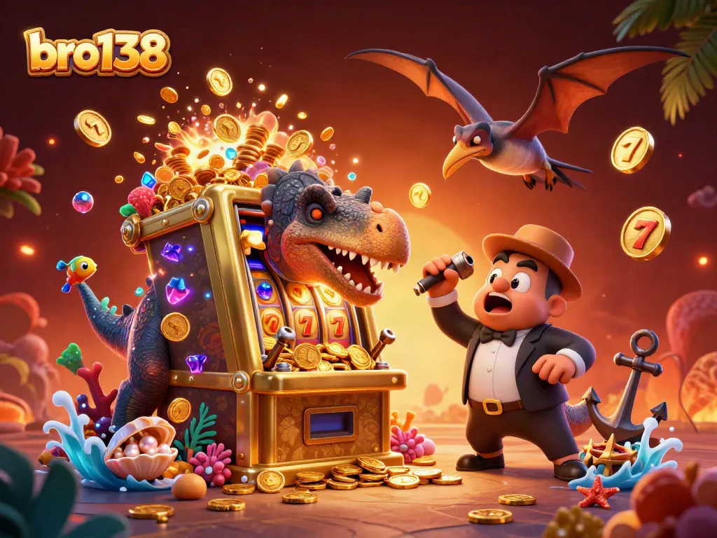 Experience casino excitement with bro138 as a dinosaur wins jackpots with a golden slot machine.