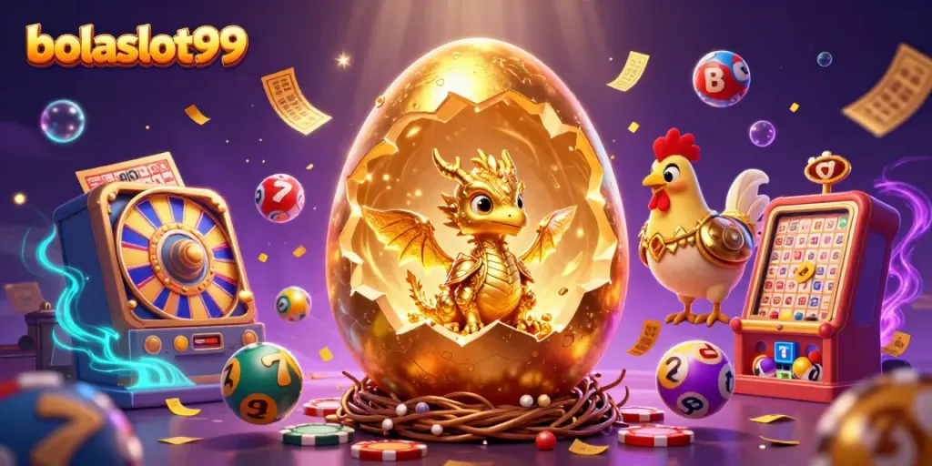 Experience thrilling slots with bolaslot99 featuring a baby dragon and vibrant casino elements.
