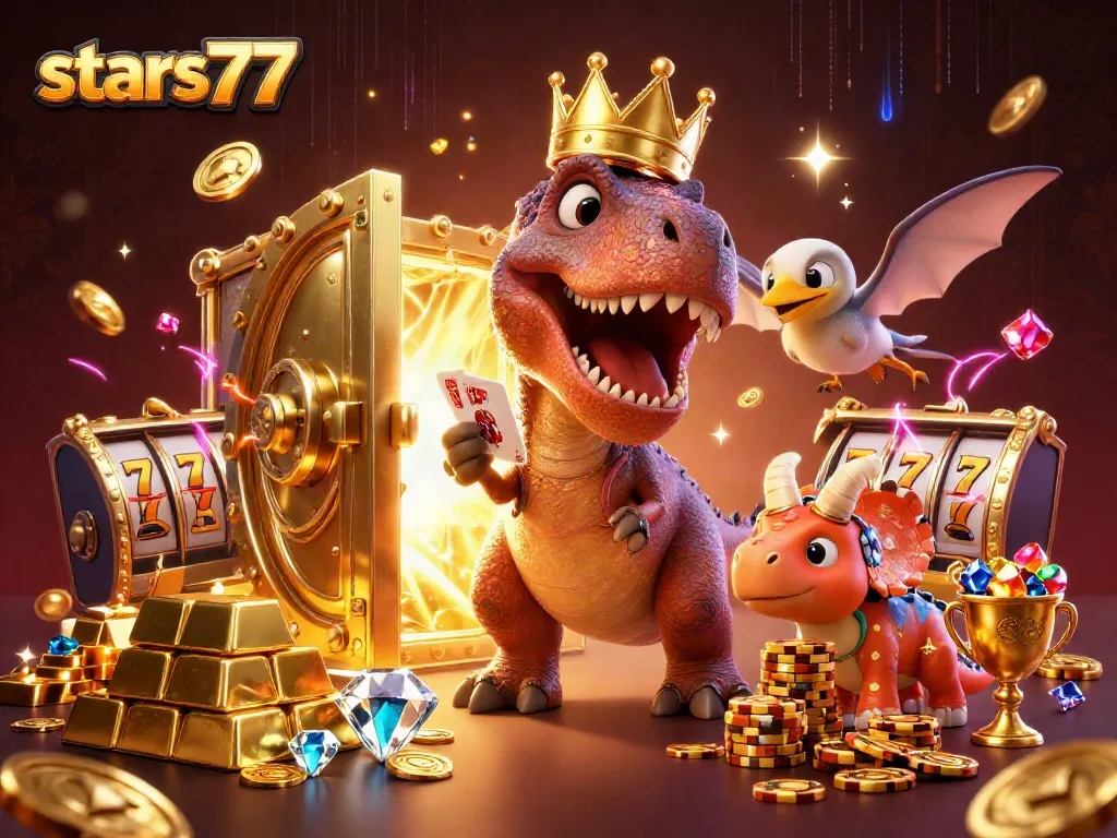 Permainan slot yang menakjubkan di stars77 dengan karakter unik dan tumpukan chip emas.