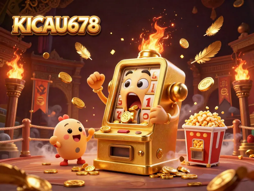 KICAU678 showcases a golden slot machine hitting a jackpot, surrounded by cheering characters and casino elements.